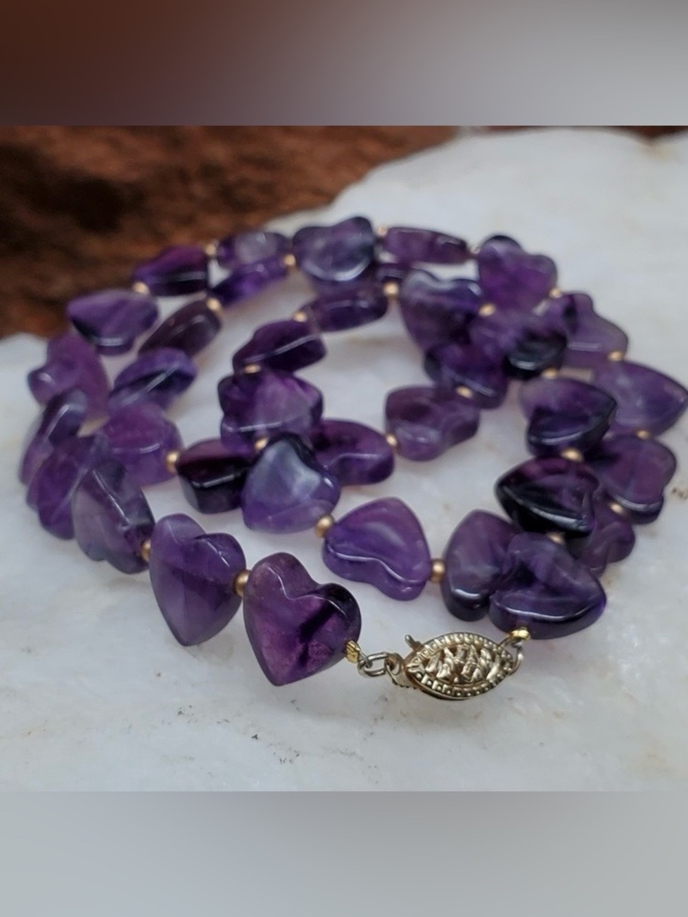 Genuine Amethyst Stone  Heart Necklace with Solid 14K Gold Clasp - Picture 5 of 8